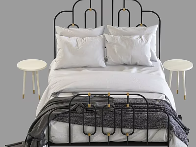 Modern Black Metal Double Bed With Gold Accents White Pillows And White Nightstands 3d model