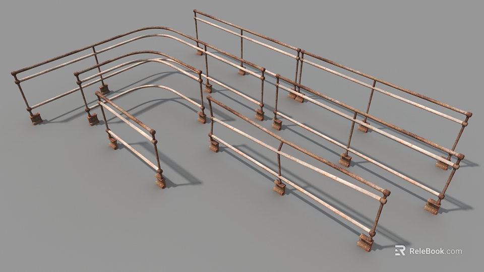 Public Facility Safety Barriers Featuring Rusty Metal Railings Curved Design Structure 3d model 