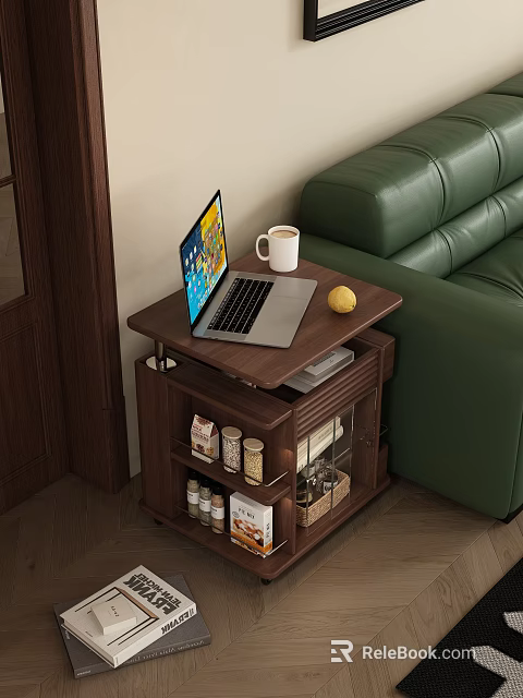 Wooden Side Table With Storage Shelf Laptop Mug And Lemon By Green Sofa 3d model 