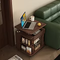 Wooden Side Table With Storage Shelf Laptop Mug And Lemon By Green Sofa