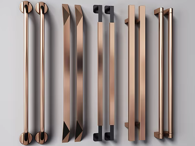Various Modern Door Handles With Metallic Rose Gold And Black Color Designs 3d model