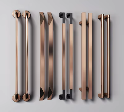 Various Modern Door Handles With Metallic Rose Gold And Black Color Designs 3d model