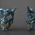 Character Mythical Creature Mask Blue Gray Skull Design With Golden Horns And Sharp Fangs