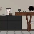 Wooden Dressing Table With Round Mirror Chair And Black Chest Of Drawers