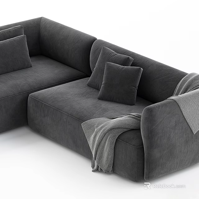 Gray Sectional Sofa with Pillows and Blanket in Soft Fabric Modern Living Room 3d model 