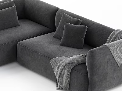 Gray Sectional Sofa with Pillows and Blanket in Soft Fabric Modern Living Room 3d model
