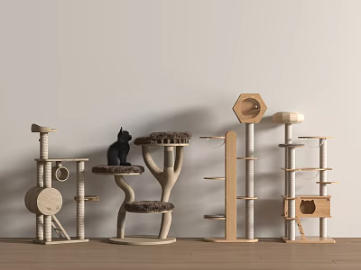 Wooden Cat Trees with Various Platforms and Black Cat Sitting on Top 3d model