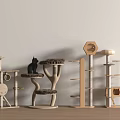 Wooden Cat Trees with Various Platforms and Black Cat Sitting on Top