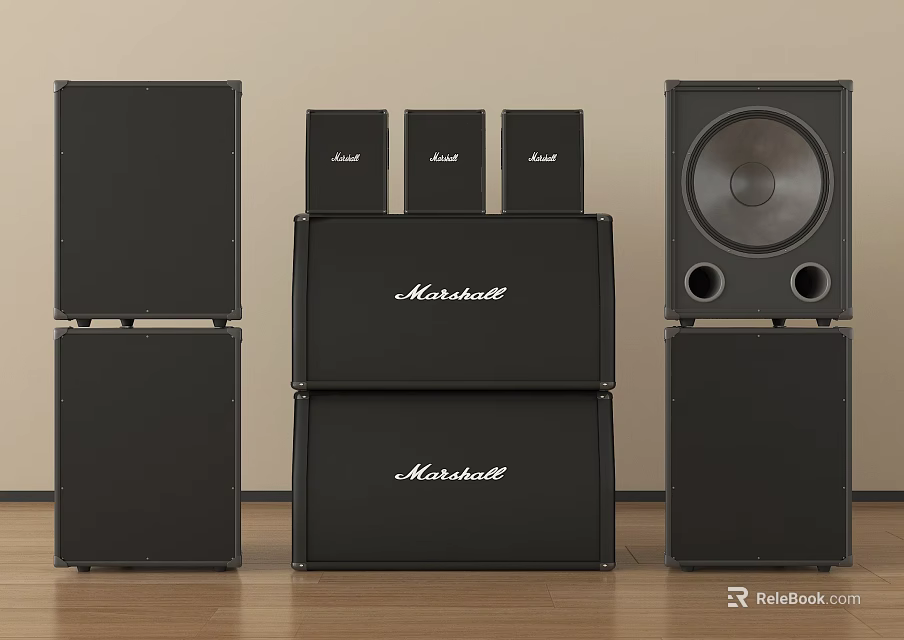 Marshall Black Speaker System With Multiple High Quality Audio Cabinets Setup 3d model 