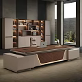 Modern Luxury Office Desk With Wooden Desktop White Chair LED Bookshelf Large Window And Greenery