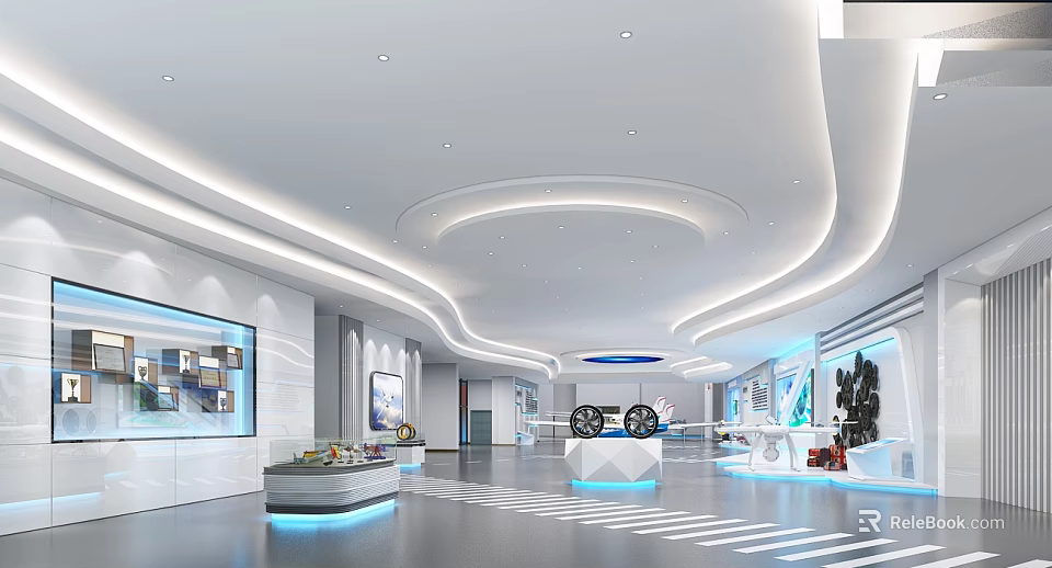 Modern Exhibition Hall Interior With Curved Ceiling Lighting And Tech Display Platforms 3d model