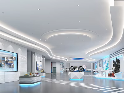 Modern Exhibition Hall Interior With Curved Ceiling Lighting And Tech Display Platforms 3d model