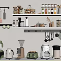 Organized Kitchen Utensils On Wall Shelves With Hanging Tools Jars And Small Appliances