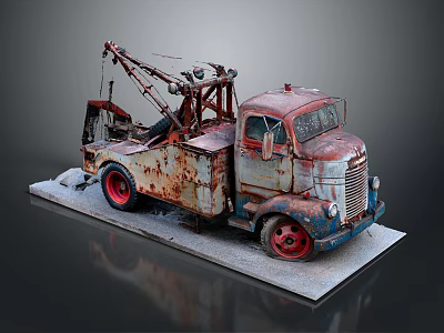 Rusty Vintage Functional Rescue Truck With Crane And Red Wheels 3d model
