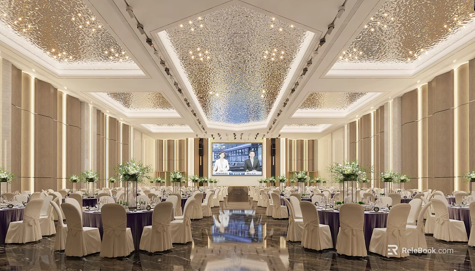 Luxurious Banquet Hall With Chandeliers Large Screen Round Tables White Chair Covers And Flower Decorations 3d model 
