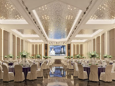 Luxurious Banquet Hall With Chandeliers Large Screen Round Tables White Chair Covers And Flower Decorations 3d model