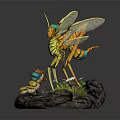 Vibrant Detailed Insect Sculpture With Larva On Stone Base And Small Plants