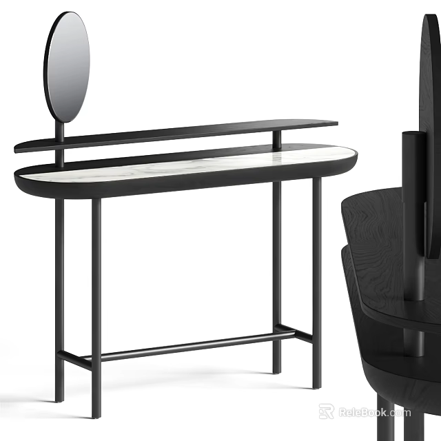 Minimalist Modern Dressing Table with Black Frame White Marble Top Round Mirror and Shelf 3d model 