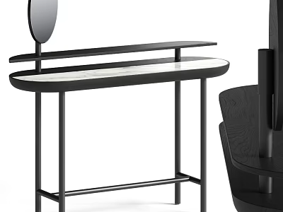 Minimalist Modern Dressing Table with Black Frame White Marble Top Round Mirror and Shelf 3d model