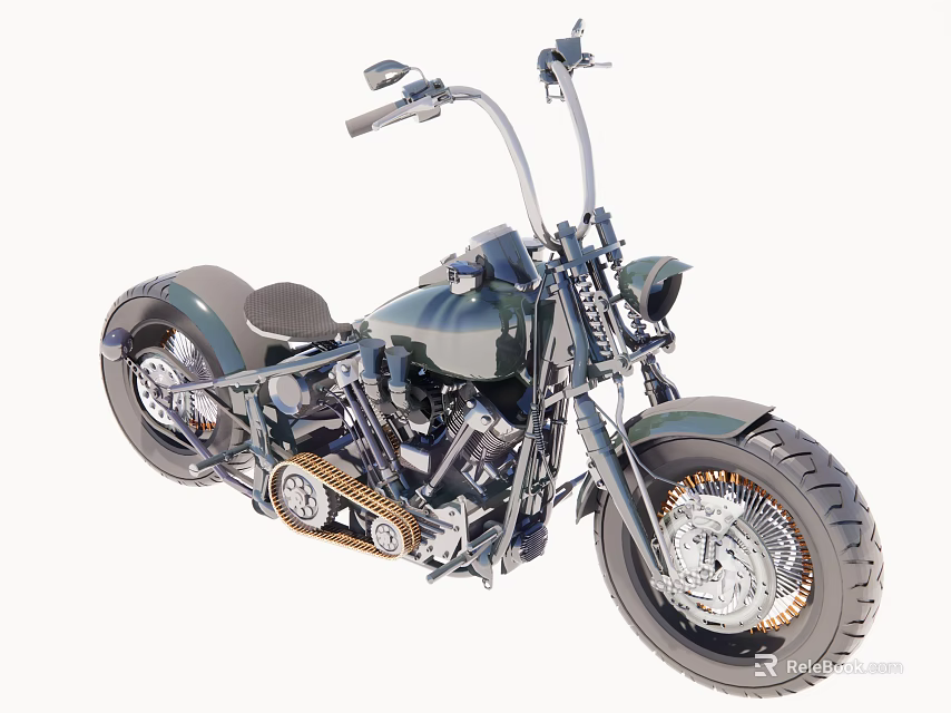 Vintage Custom Motorcycle With Green Fuel Tank Leather Seat And Chrome Wheels 3d model 