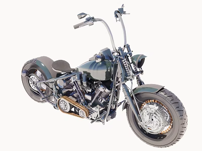 Vintage Custom Motorcycle With Green Fuel Tank Leather Seat And Chrome Wheels 3d model