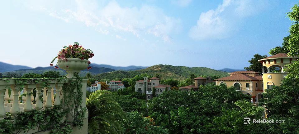 Detached Villa Surrounded by Lush Green Trees With Distant Mountains Under Blue Sky and White Clouds 3d model 