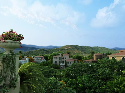 Detached Villa Surrounded by Lush Green Trees With Distant Mountains Under Blue Sky and White Clouds 3d model