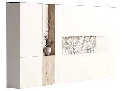 Modern White Cabinet With Wooden Accent Vase And Patterned Panel Design 3d model