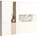 Modern White Cabinet With Wooden Accent Vase And Patterned Panel Design