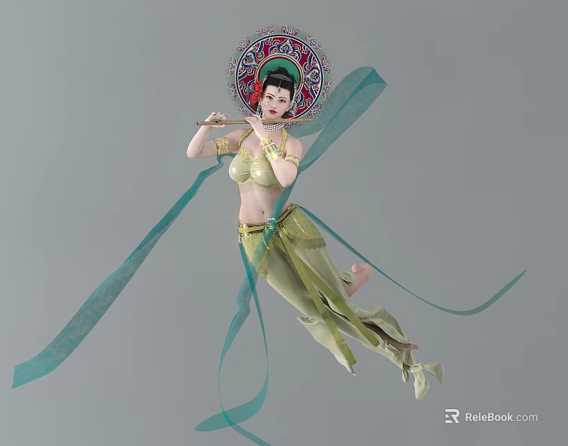 Woman In Traditional Dance With Elaborate Headdress Light Green Costume Holding Flute And Flowing Ribbons 3d model 