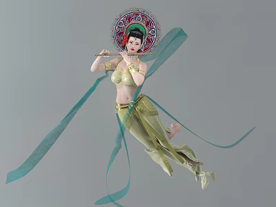 Woman In Traditional Dance With Elaborate Headdress Light Green Costume Holding Flute And Flowing Ribbons 3d model
