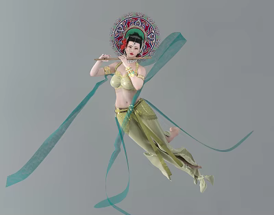 Woman In Traditional Dance With Elaborate Headdress Light Green Costume Holding Flute And Flowing Ribbons 3d model