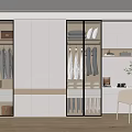 Modern Walk in Closet Interior Design With Glass Door Wardrobes Hanging Clothes And Work Desk