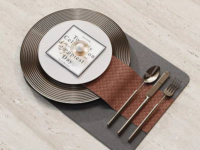 Elegant Dinnerware Set With Brown Plate Woven Placemat Silver Cutlery And Pearl Greeting Card 3d model