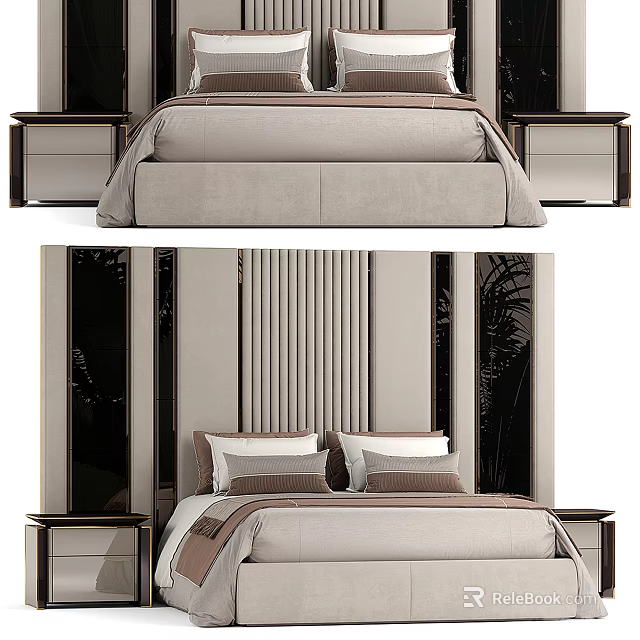 Modern Double Bed In Bedroom Background With Nightstands And Textured Headboard 3d model 