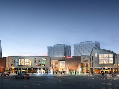 Modern Commercial Street Evening View With Glass Buildings Shops Pedestrians And Fountains 3d model