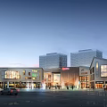 Modern Commercial Street Evening View With Glass Buildings Shops Pedestrians And Fountains