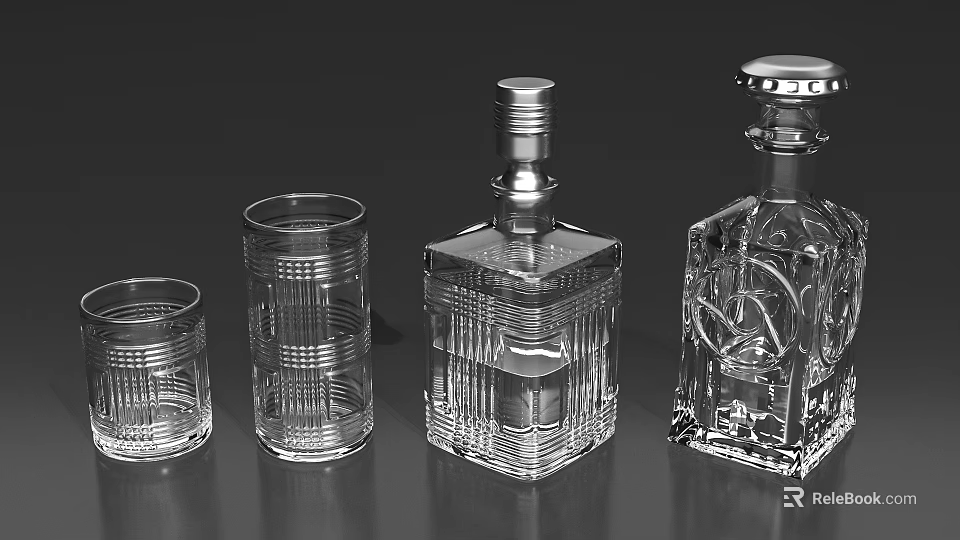 Stylish Transparent Glass Cups with Glass Bottles on Black Background 3d model 
