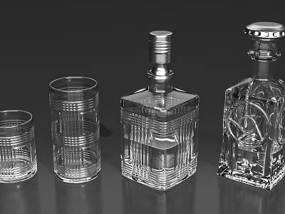 Stylish Transparent Glass Cups with Glass Bottles on Black Background 3d model