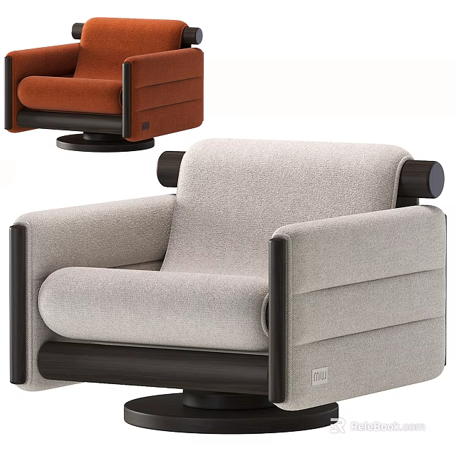 Modern Light Gray Upholstered Armchair with Black Wooden Arms and Swivel Base 3d model 