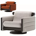 Modern Light Gray Upholstered Armchair with Black Wooden Arms and Swivel Base