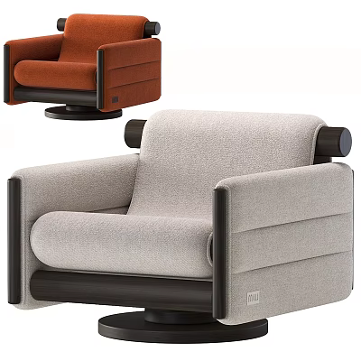Modern Light Gray Upholstered Armchair with Black Wooden Arms and Swivel Base 3d model