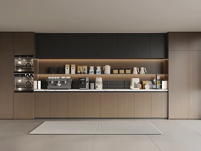Sleek Modern Kitchen Interior Design With Dark Cabinets Wooden Countertop And Appliances 3d model