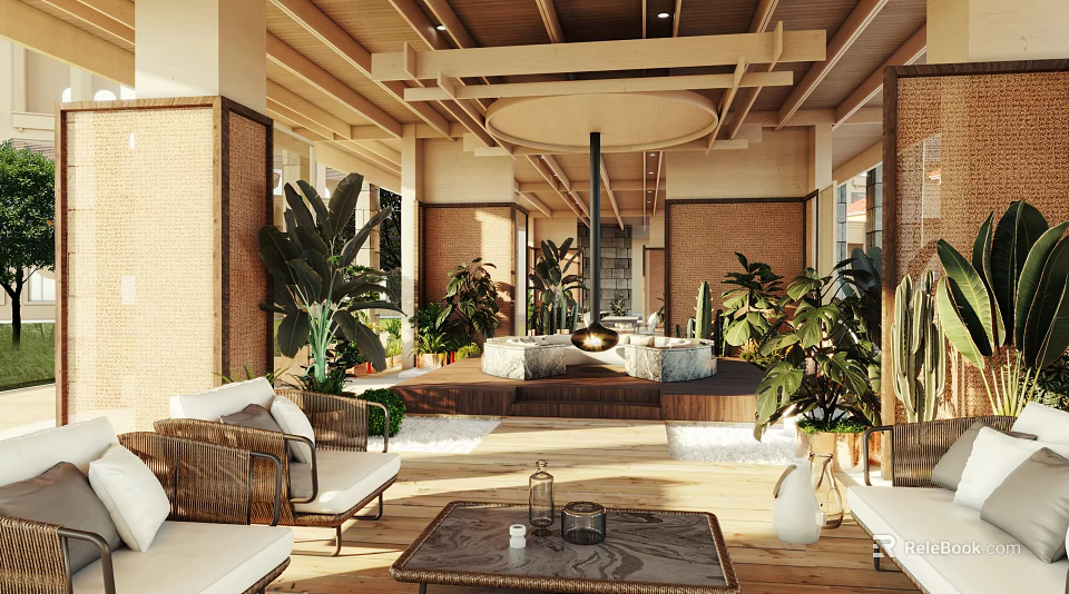 Cozy Lounge Room With Wooden Beams Abundant Plants Wicker Sofas Natural Light And Coffee Table 3d model 