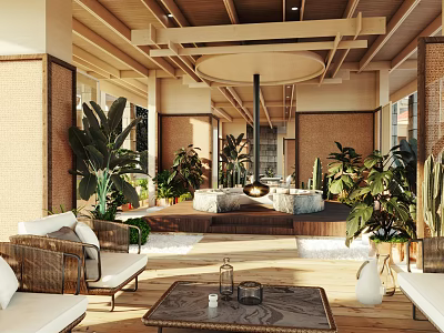 Cozy Lounge Room With Wooden Beams Abundant Plants Wicker Sofas Natural Light And Coffee Table 3d model