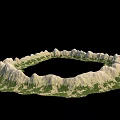 Stunning Natural Circular Mountain Crater Scenery With Rolling Rocky Peaks And Lush Surrounding Green Vegetation