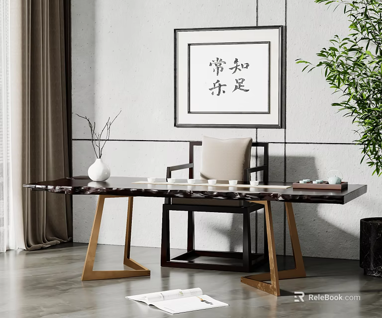 Marble Desk With Golden Metal Legs Wooden Chair Vase Teacups Calligraphy And Green Plant 3d model 