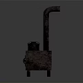 Vintage Metal Heating Stove With Square Body Curved Chimney And Four Legs
