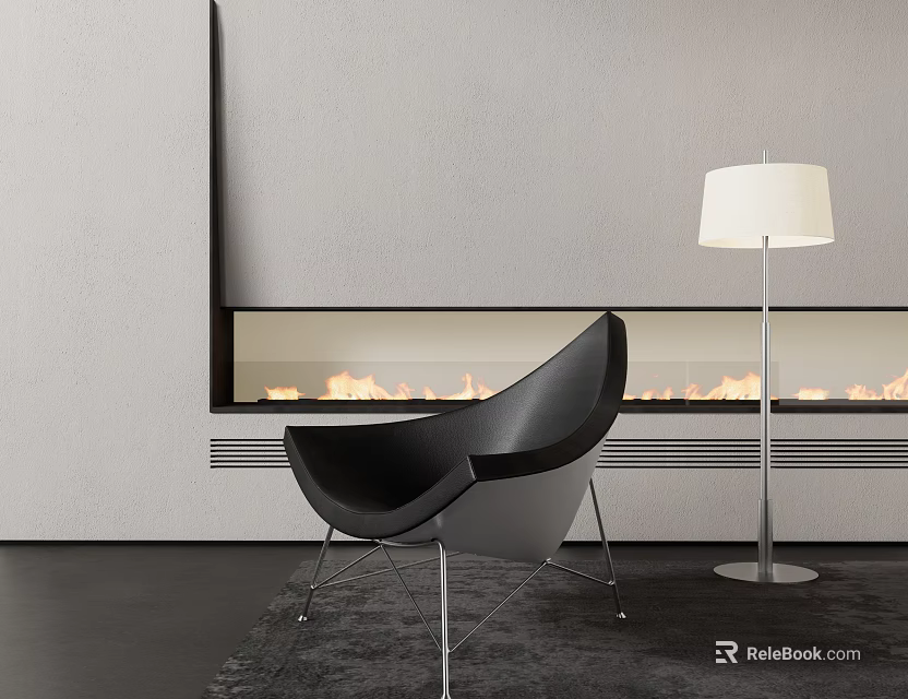 Black Modern Accent Chair In Living Room With Fireplace Flames And Floor Lamp On Rug 3d model 