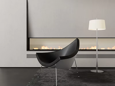 Black Modern Accent Chair In Living Room With Fireplace Flames And Floor Lamp On Rug 3d model